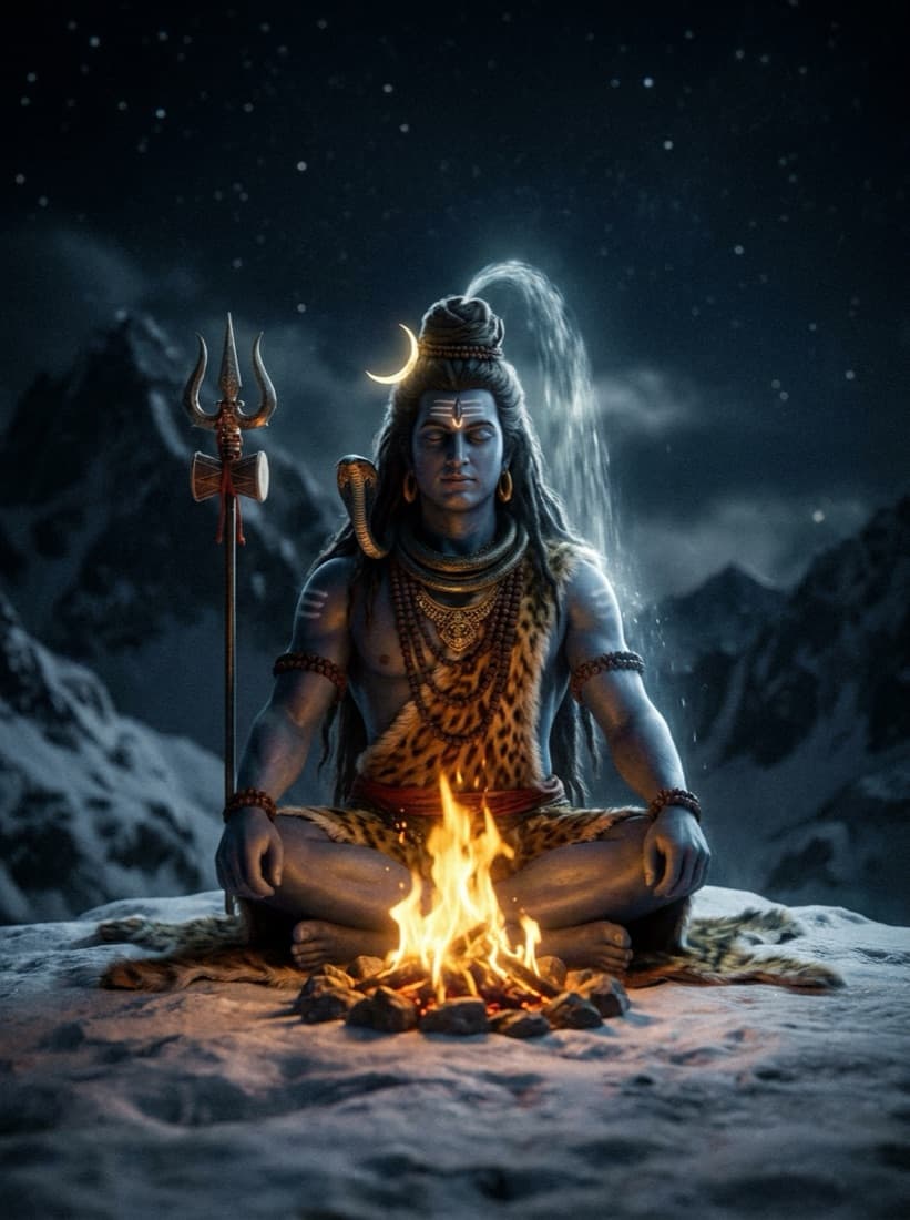Shiva meditates on a snowy Himalayan peak at night beside a sacred fire, the Ganga flowing from his hair