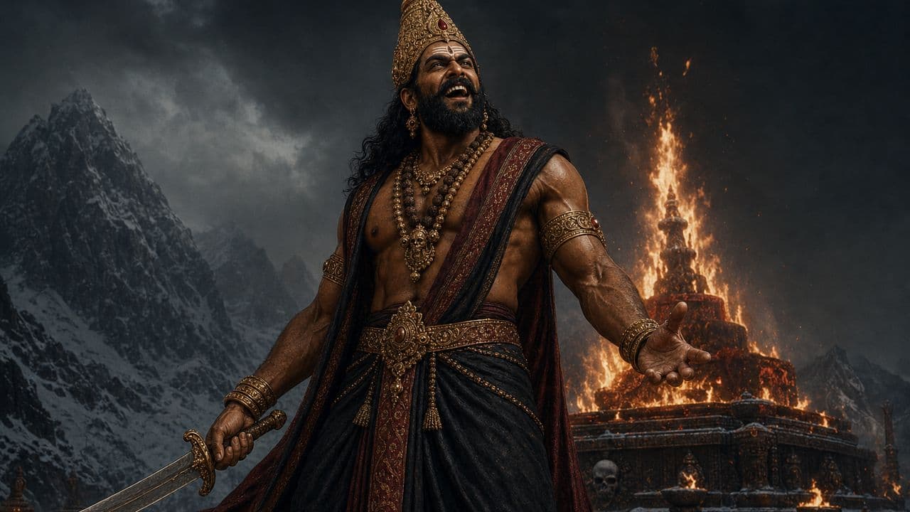 Ravana laughs before a burning mountain altar