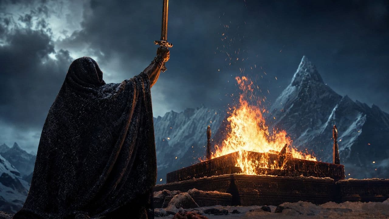 A hooded figure raises a sword before a burning altar in the Himalayas
